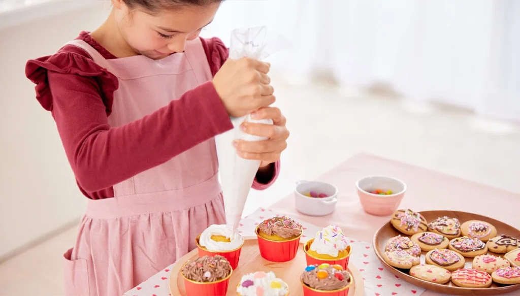 little girl icing a cupcake