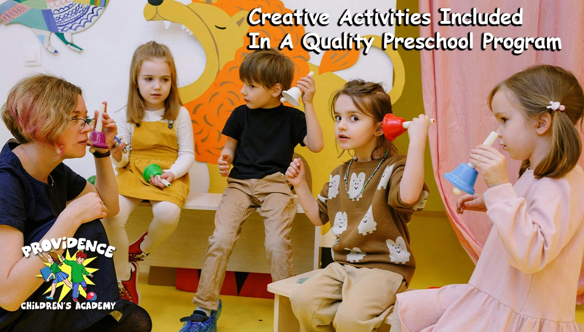 Children in a circle with the teacher playing with bright colored toys